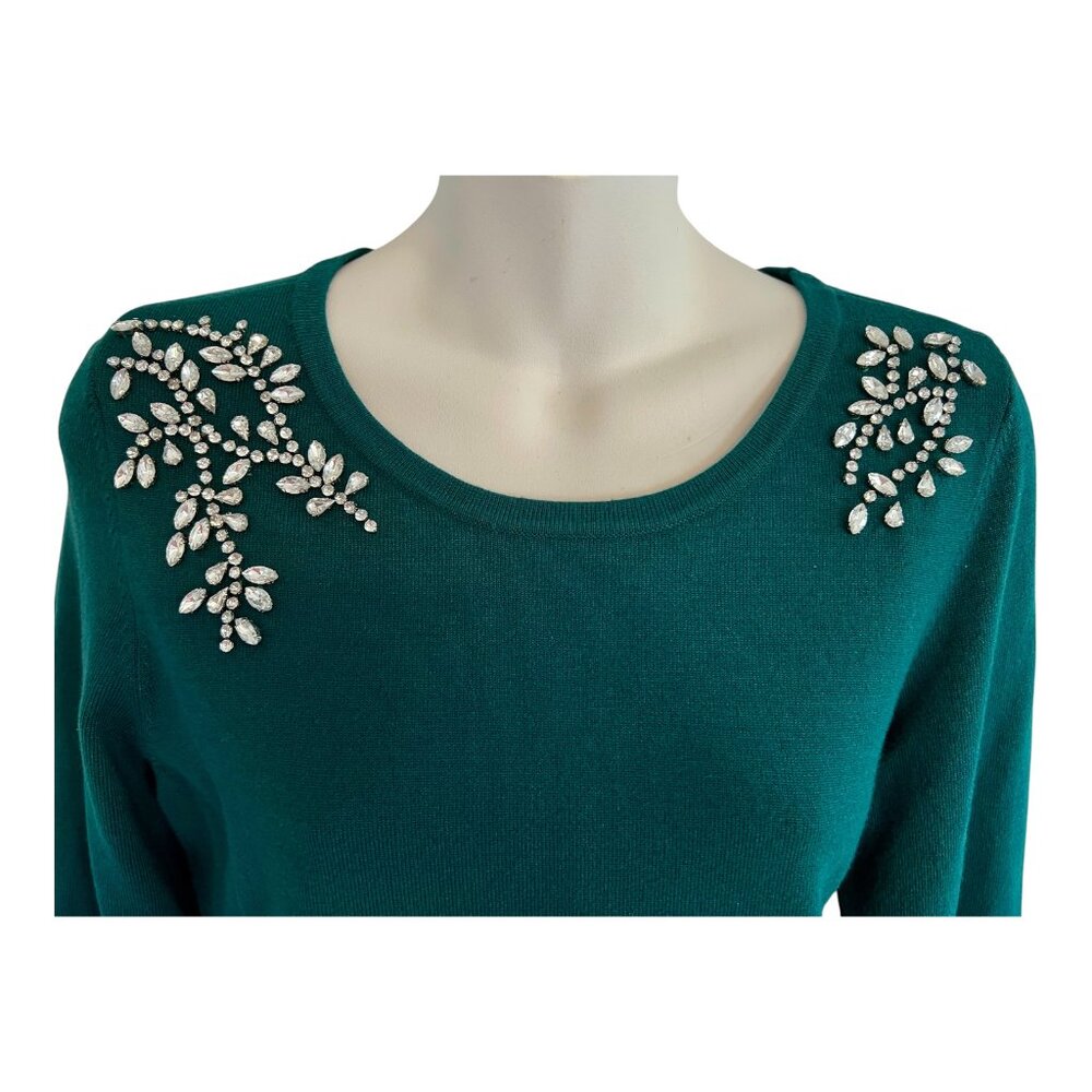 CHICO'S GREEN KNIT RHINESTONE SWEATER 36" BUST PULLOVER RAYON NYLON Women's Med